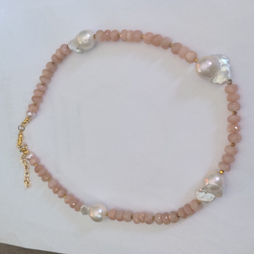 New Peach Moonstone &  Large Baroque Pearls  Beaded Necklace, Genuine, 20+2"